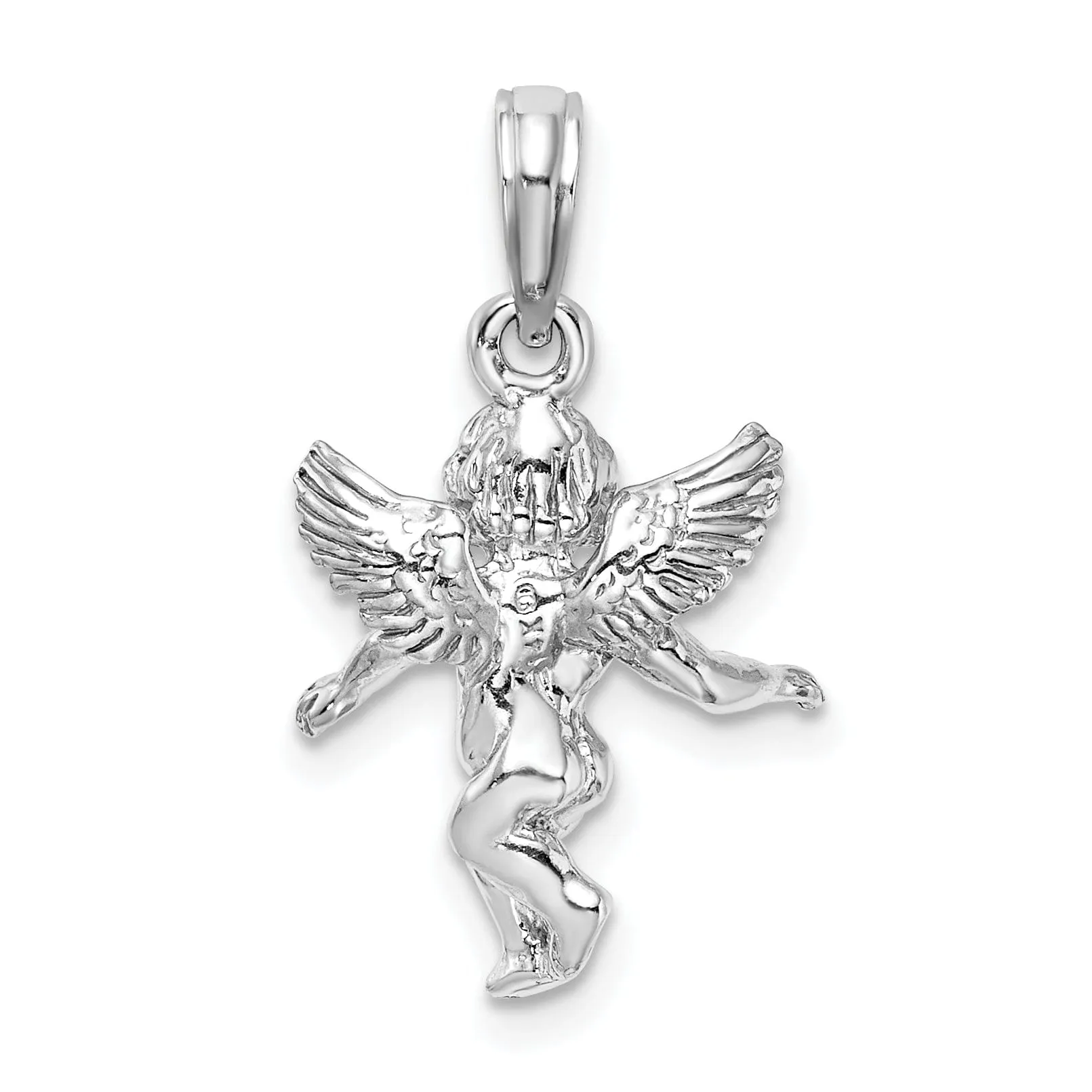 14k White Gold Polished Finish 3-Dimensional Solid Angel Pendant