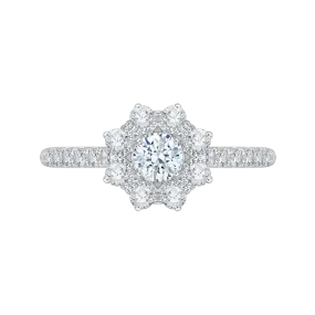 14K White Gold Round Cut Diamond Floral Halo Engagement Ring