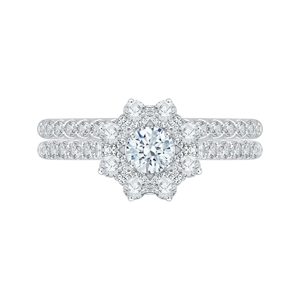 14K White Gold Round Cut Diamond Floral Halo Engagement Ring