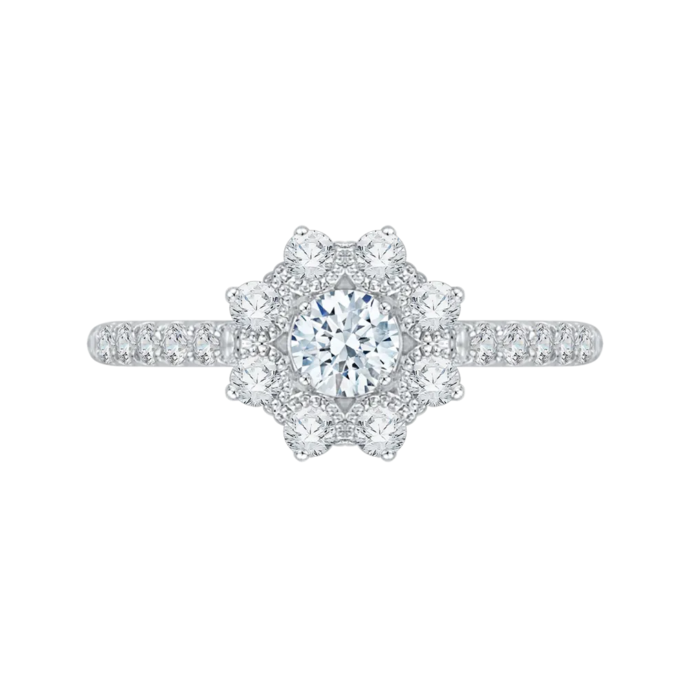 14K White Gold Round Cut Diamond Floral Halo Engagement Ring