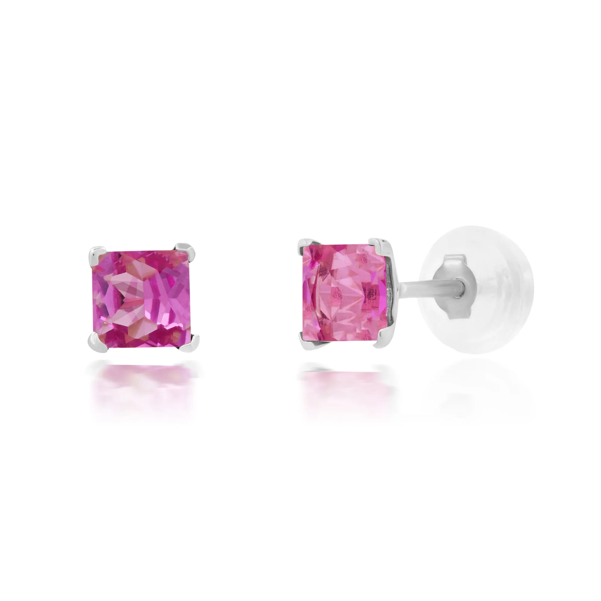 14k White or Yellow Gold Square Princess Cut 4MM Gemstone Stud Earrings