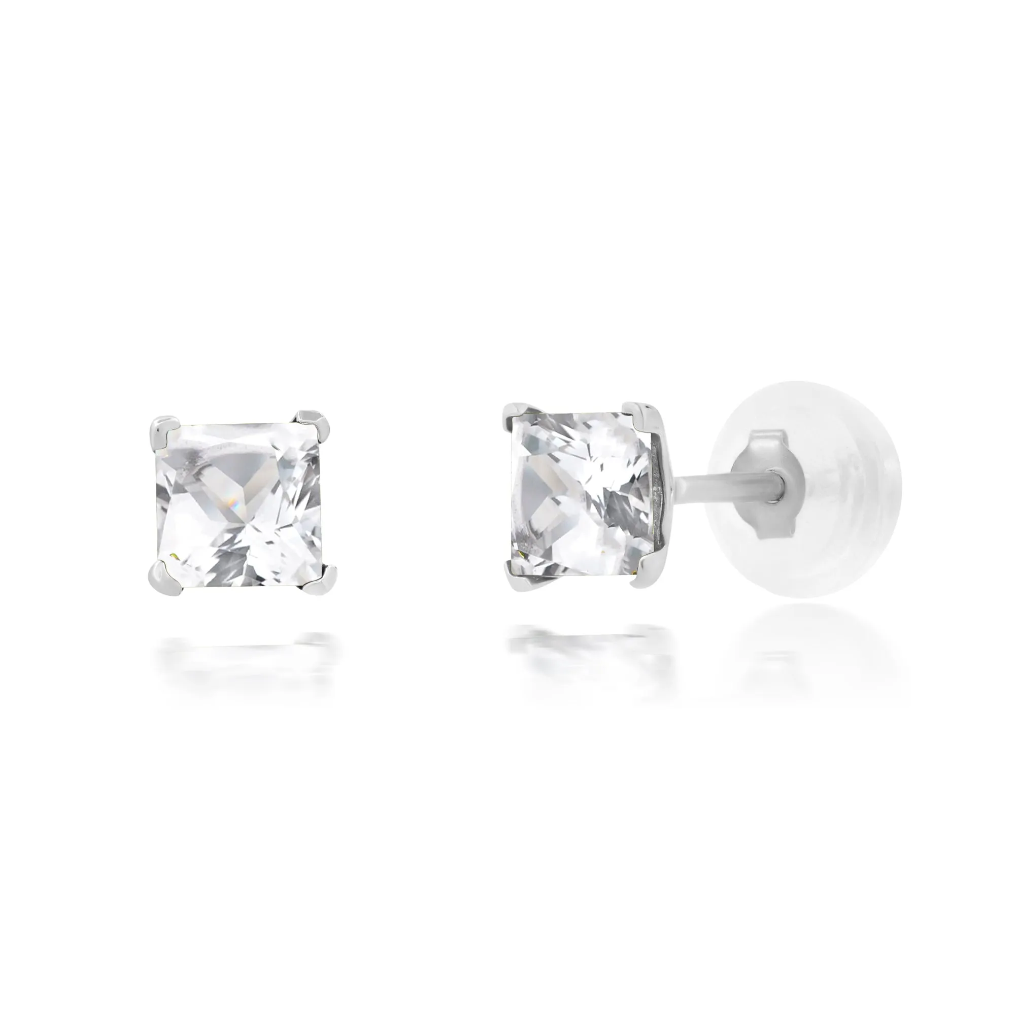 14k White or Yellow Gold Square Princess Cut 4MM Gemstone Stud Earrings