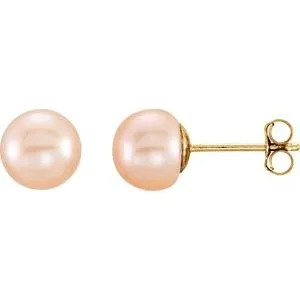 14K Yellow 7-8 mm Cultured Pink Freshwater Pearl Earrings