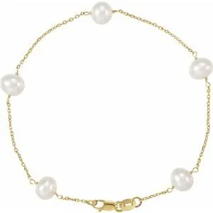 14K Yellow Cultured White Freshwater Pearl 5-Station 7" Bracelet