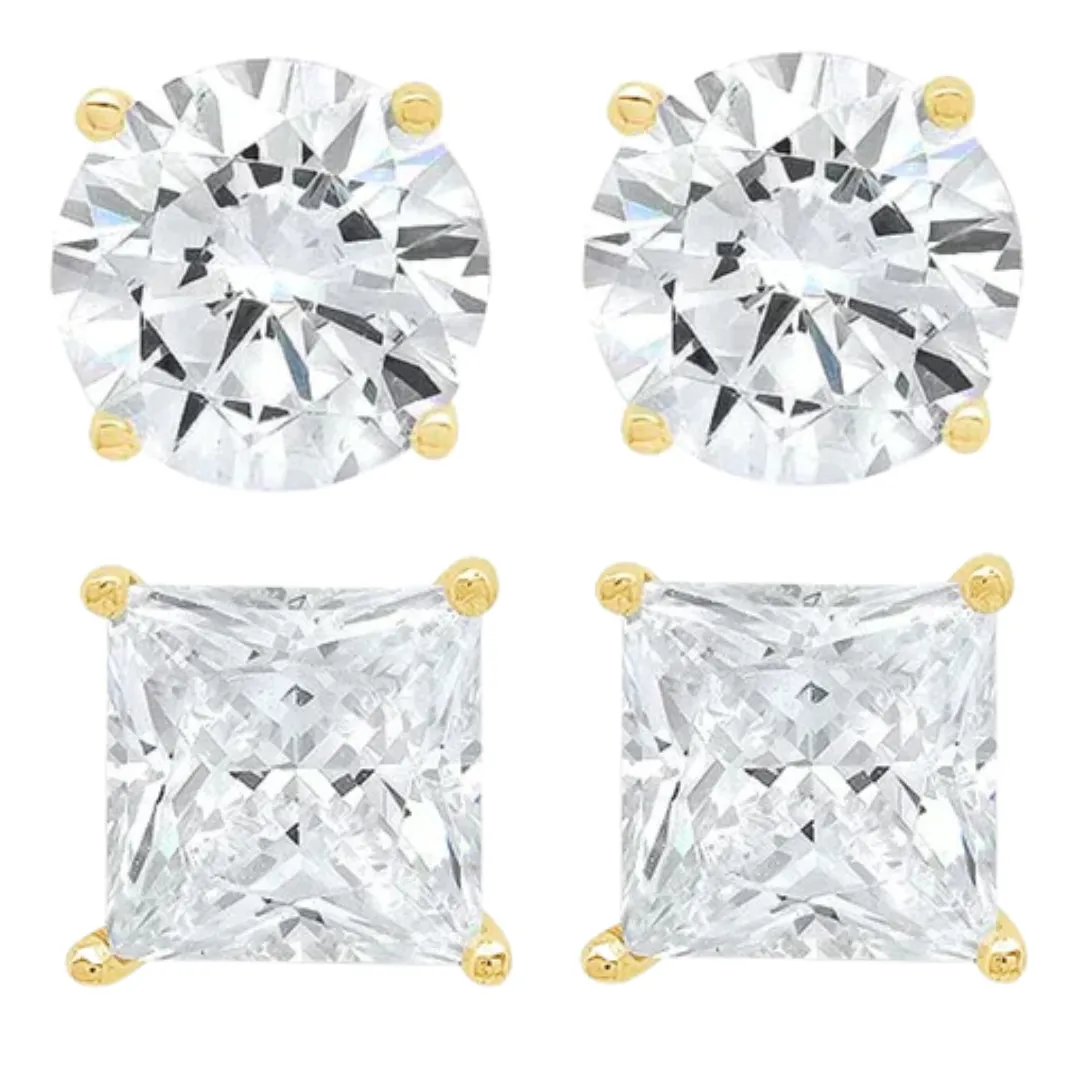 14k Yellow Gold 1/2 Carat Solitaire Created Diamond 2 Pair Round and Princess Stud Earrings