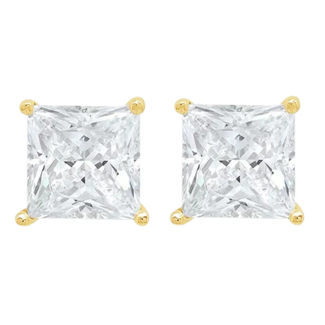 14k Yellow Gold 1/2 Carat Solitaire Created Diamond 2 Pair Round and Princess Stud Earrings