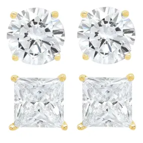 14k Yellow Gold 1/2 Carat Solitaire Created Diamond 2 Pair Round and Princess Stud Earrings