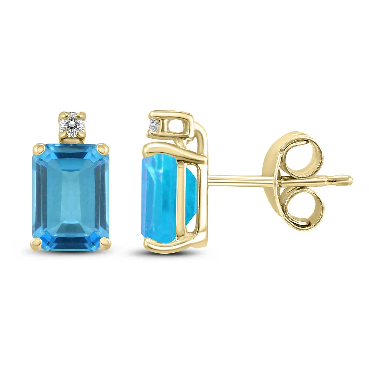 14K Yellow Gold 6X4Mm Emerald Shaped Blue Topaz And Diamond Earrings