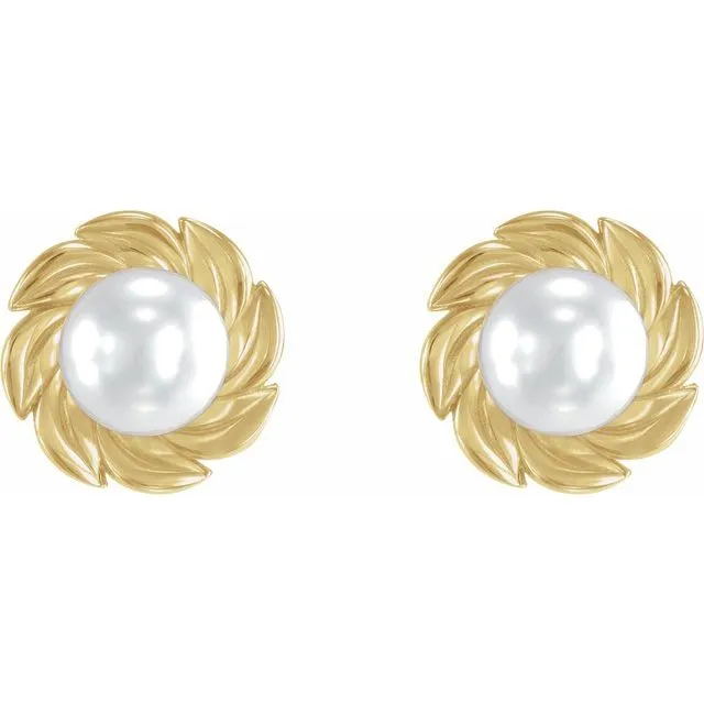 14K Yellow Gold Cultured White Akoya Pearl Leaf Earrings