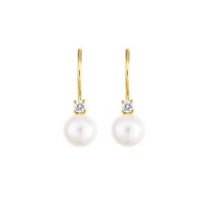 14K Yellow Gold Drop Earrings with Diamond and Cultured Freshwater Pearl