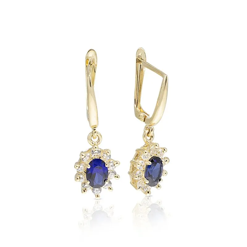 14K Yellow Gold Oval Blue Cubic Zirconia 7X5mm Dangle Earrings