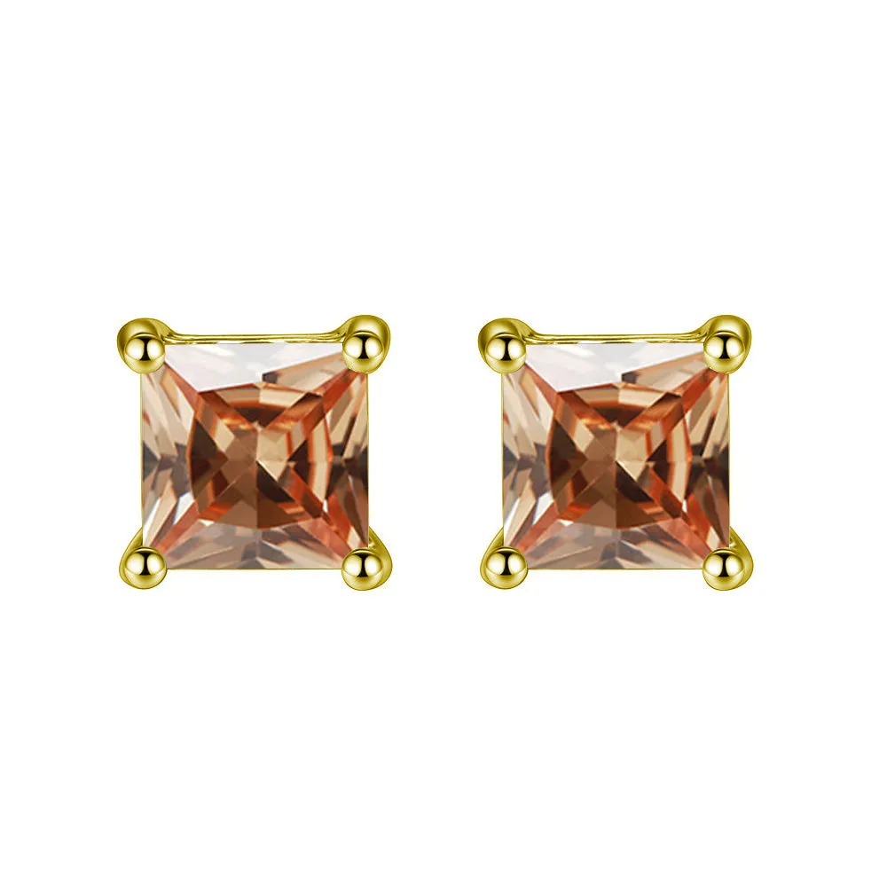 14k Yellow Gold Plated 2 Carat Princess Cut Created Champagne Sapphire Stud Earrings