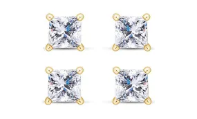 14k Yellow Gold Plated 4Ct Princess Cut White Sapphire Set Of Two Stud Earrings