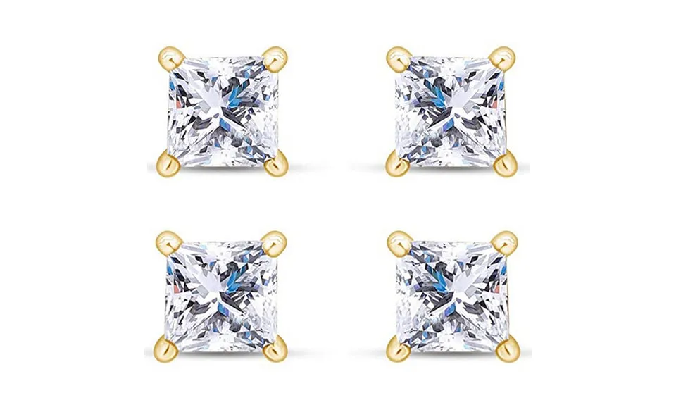 14k Yellow Gold Plated 4Ct Princess Cut White Sapphire Set Of Two Stud Earrings