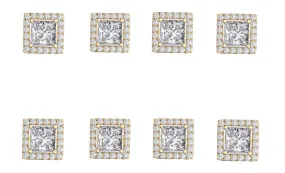 14k Yellow Gold Plated 4mm 1Ct Square Cut White Sapphire Set of Four Halo Stud Earrings