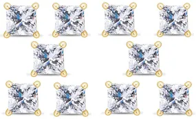 14k Yellow Gold Plated 4mm 2Ct Princess Cut White Sapphire Set Of Five Stud Earrings