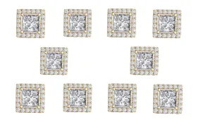 14k Yellow Gold Plated 4mm 4Ct Square Cut White Sapphire Set of Five Halo Stud Earrings