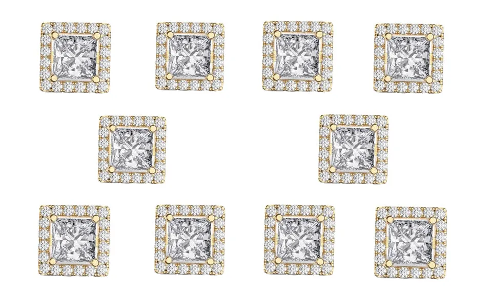 14k Yellow Gold Plated 4mm 4Ct Square Cut White Sapphire Set of Five Halo Stud Earrings