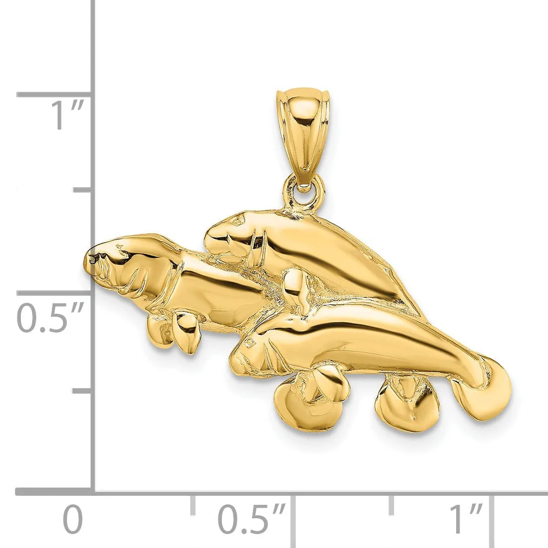 14K Yellow Gold Polished Finish 2-Dimensional Three Manatees Design Charm Pendant