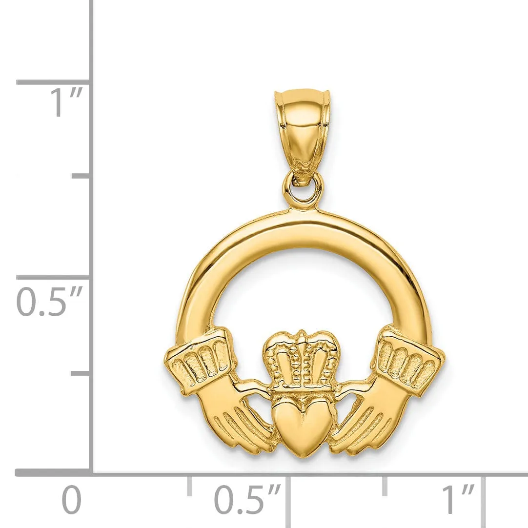 14K Yellow Gold Solid Polished Finish Claddagh Design Charm Pendant