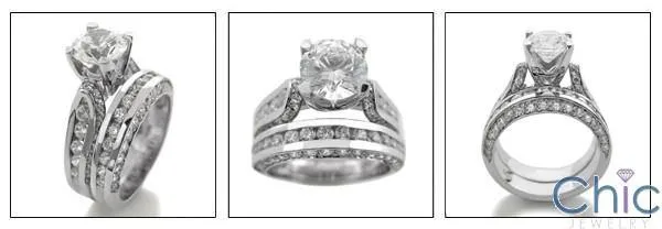 1.5 Round Center Cubic Zirconia Engagement Ring with Matching Band  Channel Cz Sides 14K W Gold