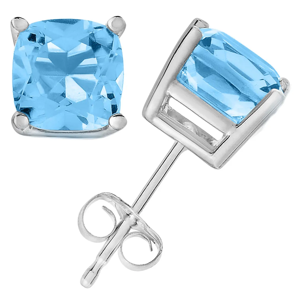 1.80 cttw 6 MM Blue Topaz Stud Earrings 14K White Gold Cushion Cut with Push Backs December Birthstone