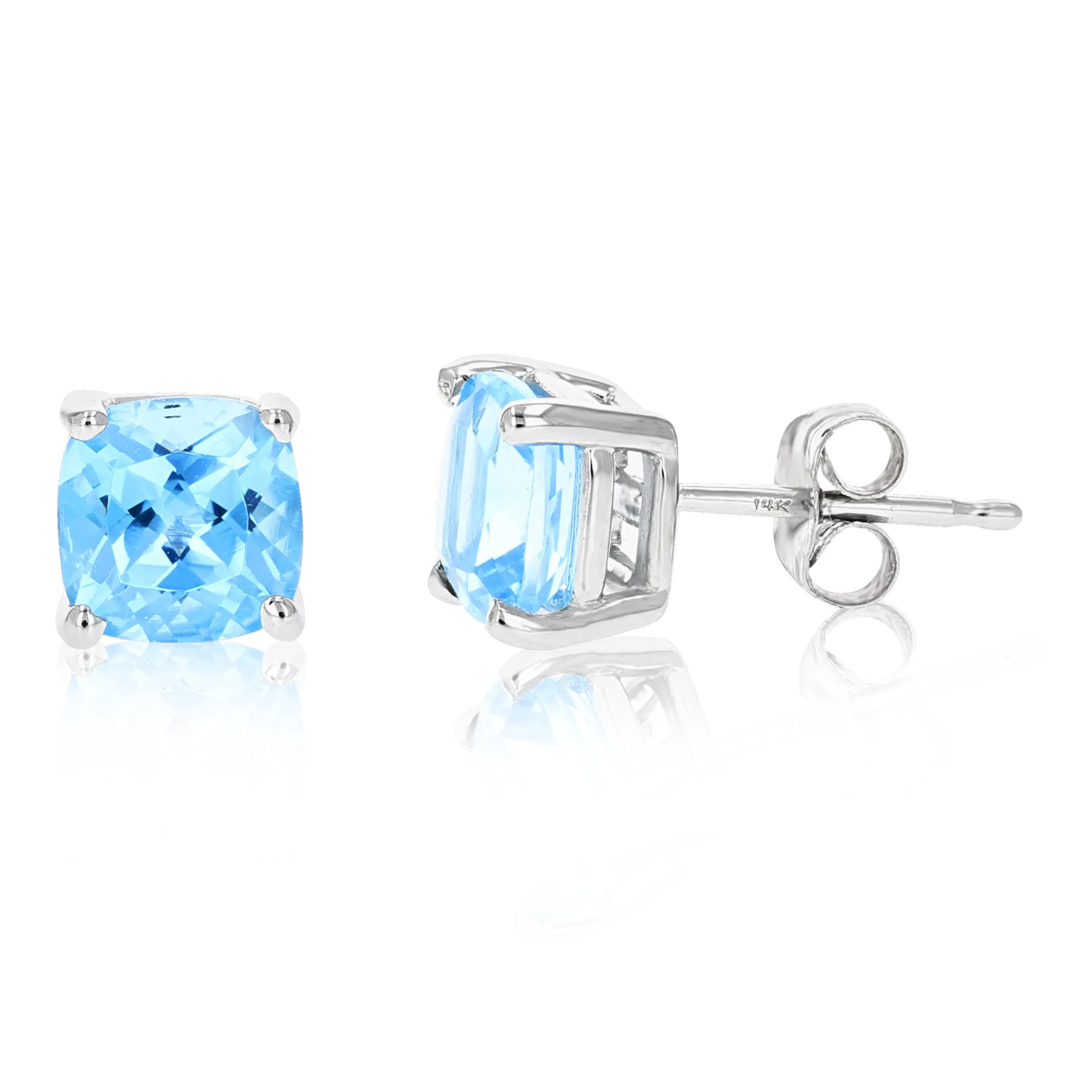 1.80 cttw 6 MM Blue Topaz Stud Earrings 14K White Gold Cushion Cut with Push Backs December Birthstone