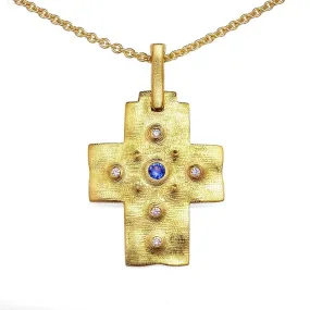 18K Desert Blue Sapphire & Diamond Cross Pendant - M-100