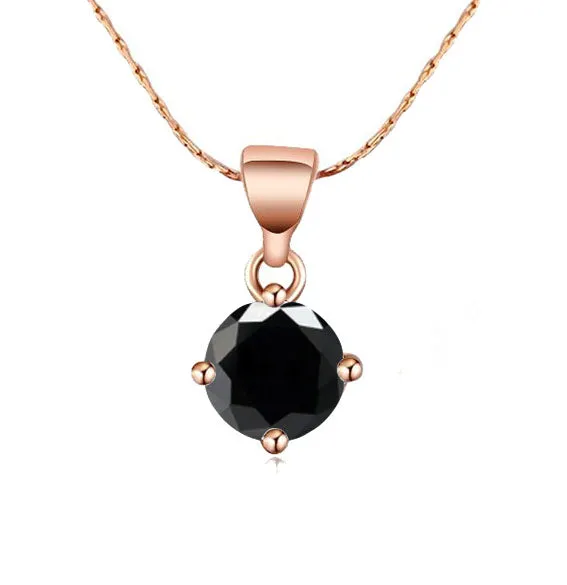 18K Rose Gold 3 Carat Created Black Sapphire Round Stud Necklace Plated 18 inch