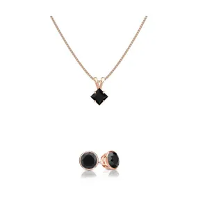 18K Rose Gold 4ct Black Sapphire Princess Cut 18 Inch Necklace and Round Earrings Set Plated