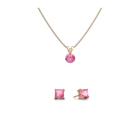 18K Rose Gold 4ct Pink Sapphire Round 18 Inch Necklace and Square Earrings Set Plated