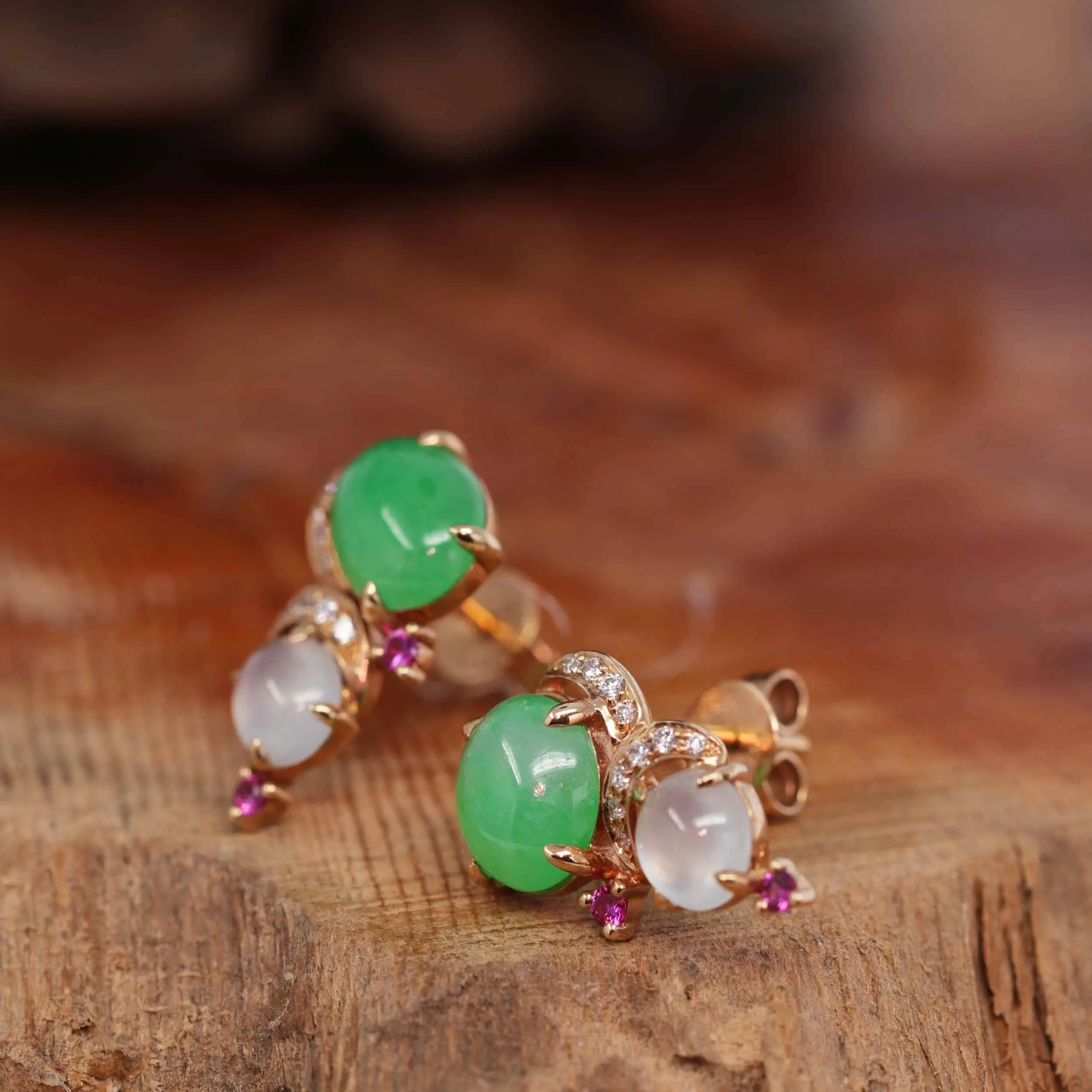 18K Rose Gold Multi Color Jadeite Jade Stud Earrings