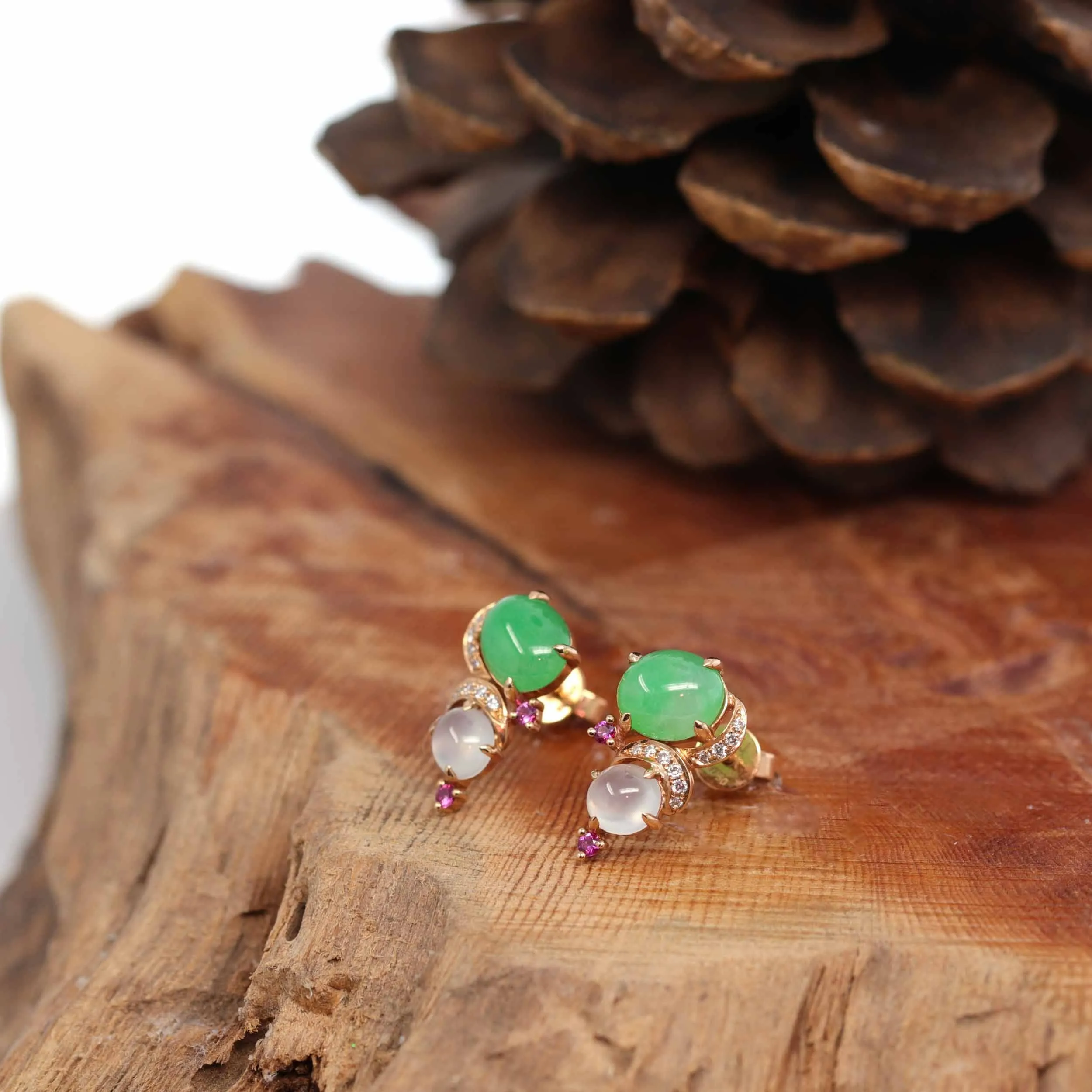 18K Rose Gold Multi Color Jadeite Jade Stud Earrings