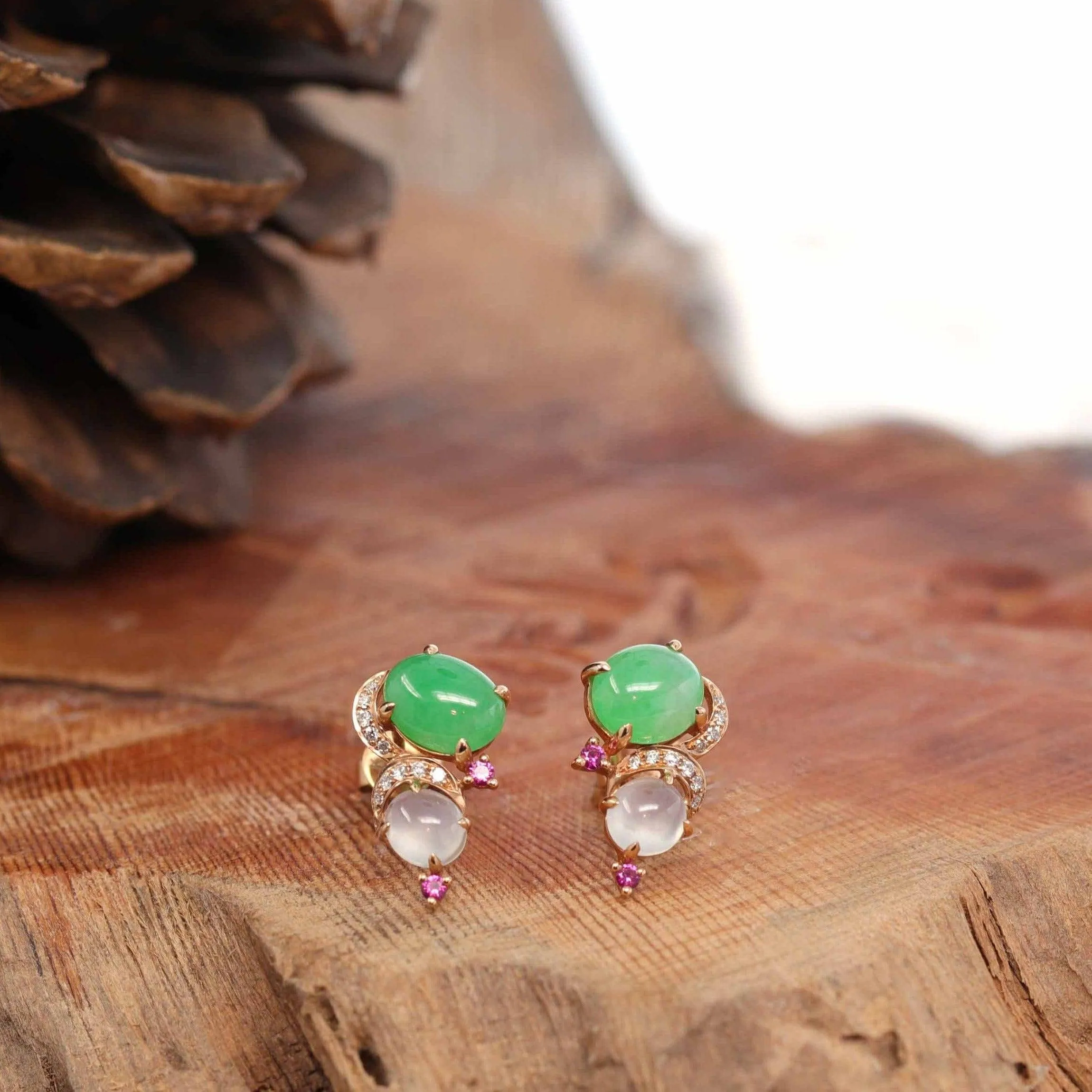 18K Rose Gold Multi Color Jadeite Jade Stud Earrings