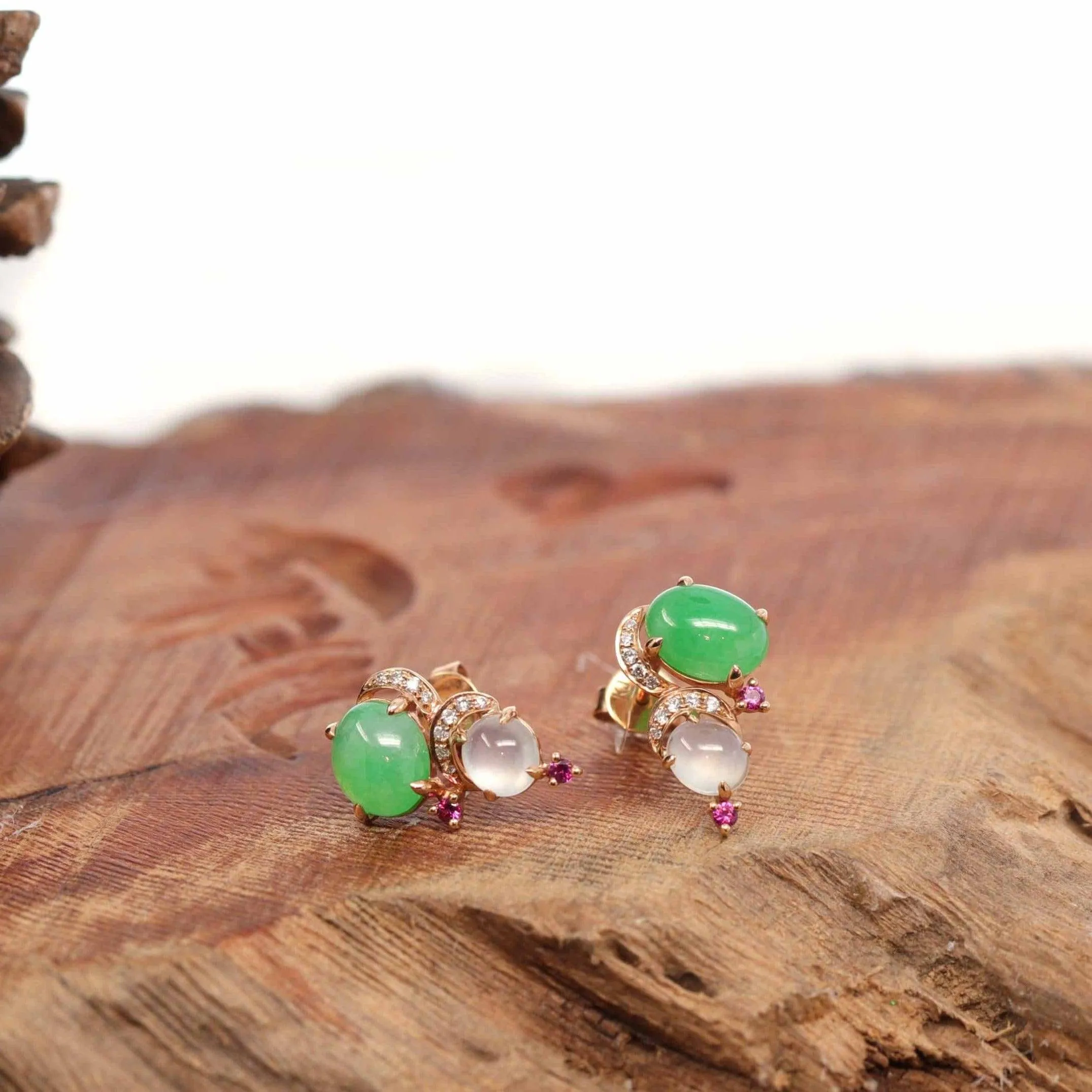 18K Rose Gold Multi Color Jadeite Jade Stud Earrings