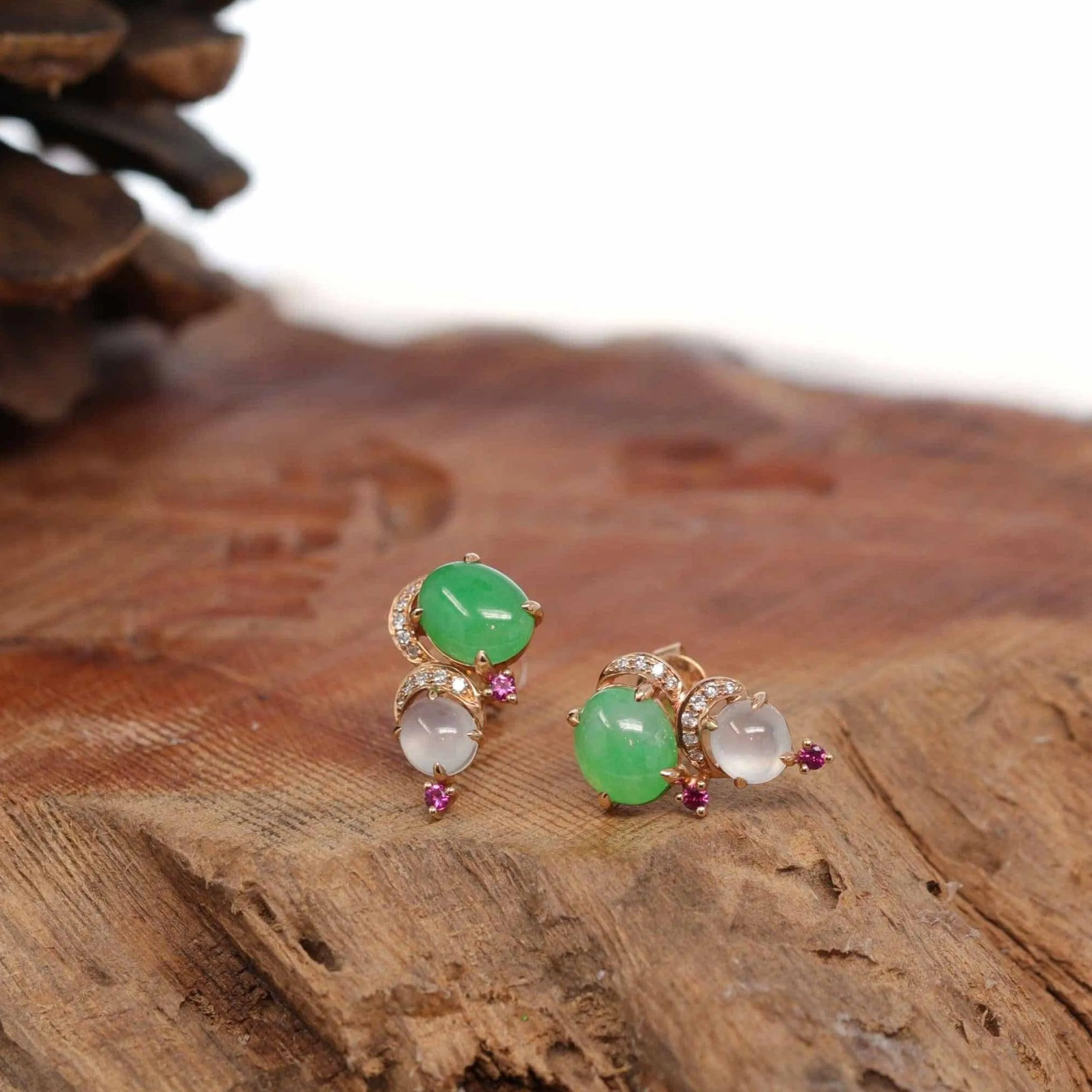 18K Rose Gold Multi Color Jadeite Jade Stud Earrings