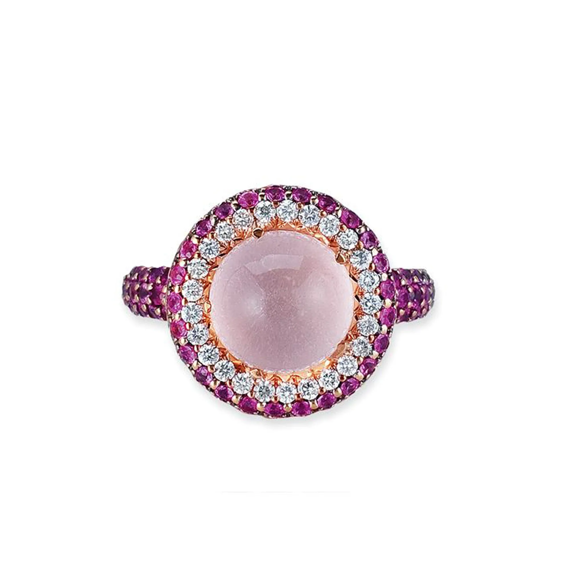 18K Rose Gold Ring With Diamonds Sapphires And Rose Quartz