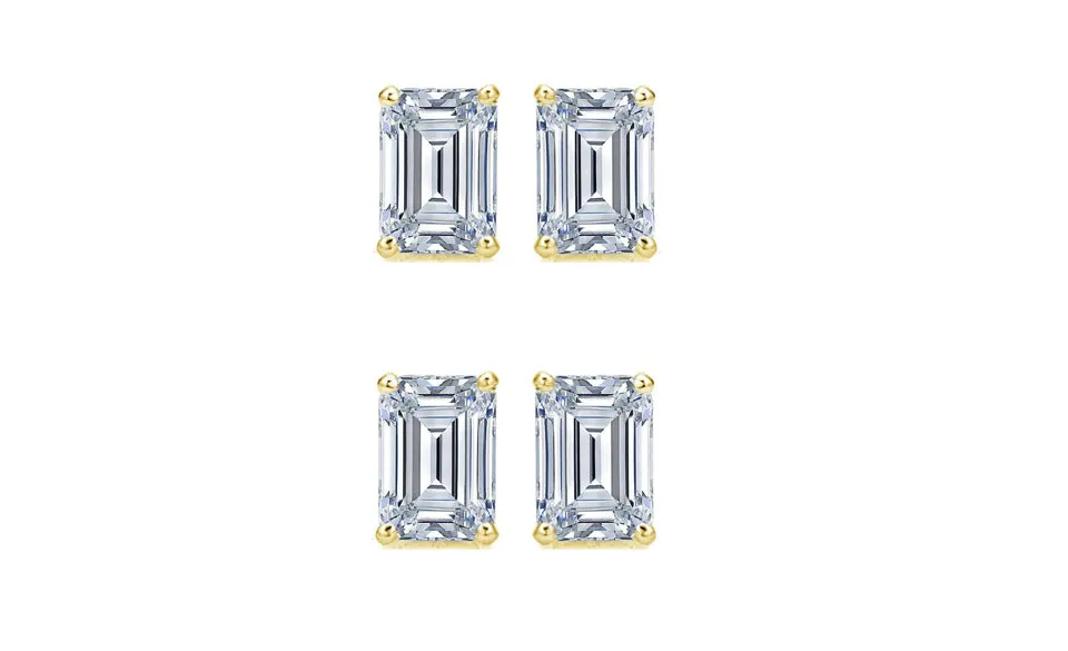 18k Yellow Gold 1/2Ct Emerald Cut White Sapphire Set Of Two Stud Earrings Plated