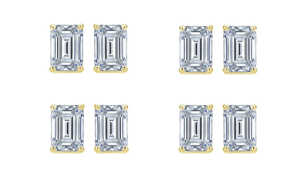 18k Yellow Gold 6mm 2Ct Emerald Cut White Sapphire Set Of Four Stud Earrings Plated