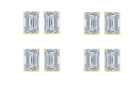 18k Yellow Gold 6mm 2Ct Emerald Cut White Sapphire Set Of Four Stud Earrings Plated