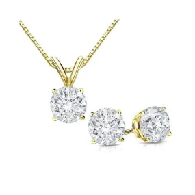 18K Yellow Gold Round 1/2ct White Sapphire Round 18 Inch Necklace and Earrings Set Plated