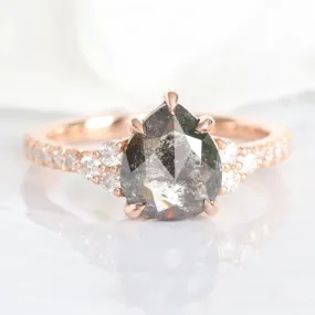 1.9 Ct Pear Salt and Pepper Diamond Ring in 14k Rose Gold 3 Stone Ring Size 6.75