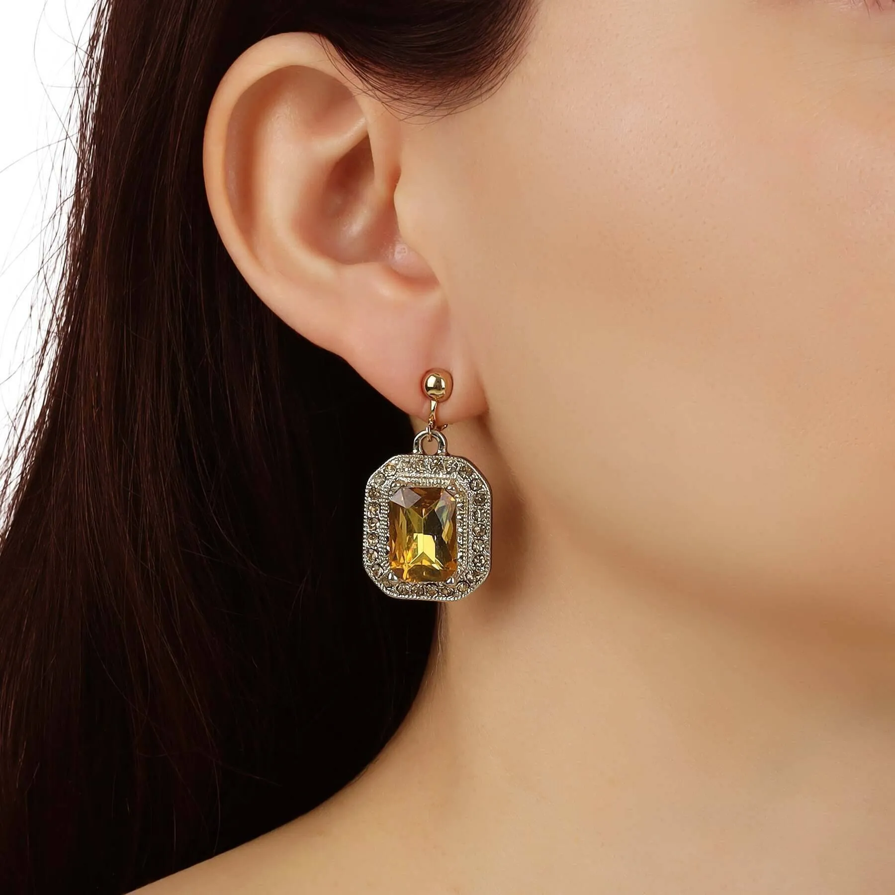 1928 Jewelry Topaz Octagon Stone & Crystal Clip On Earrings