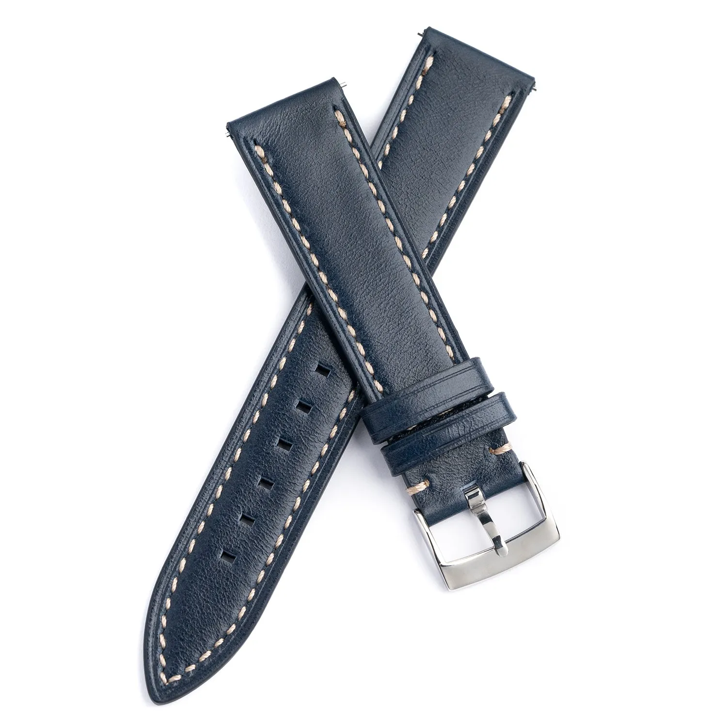 20mm 22mm Quick Release Handmade Leather Watch Strap - Dark Blue Full Stitch