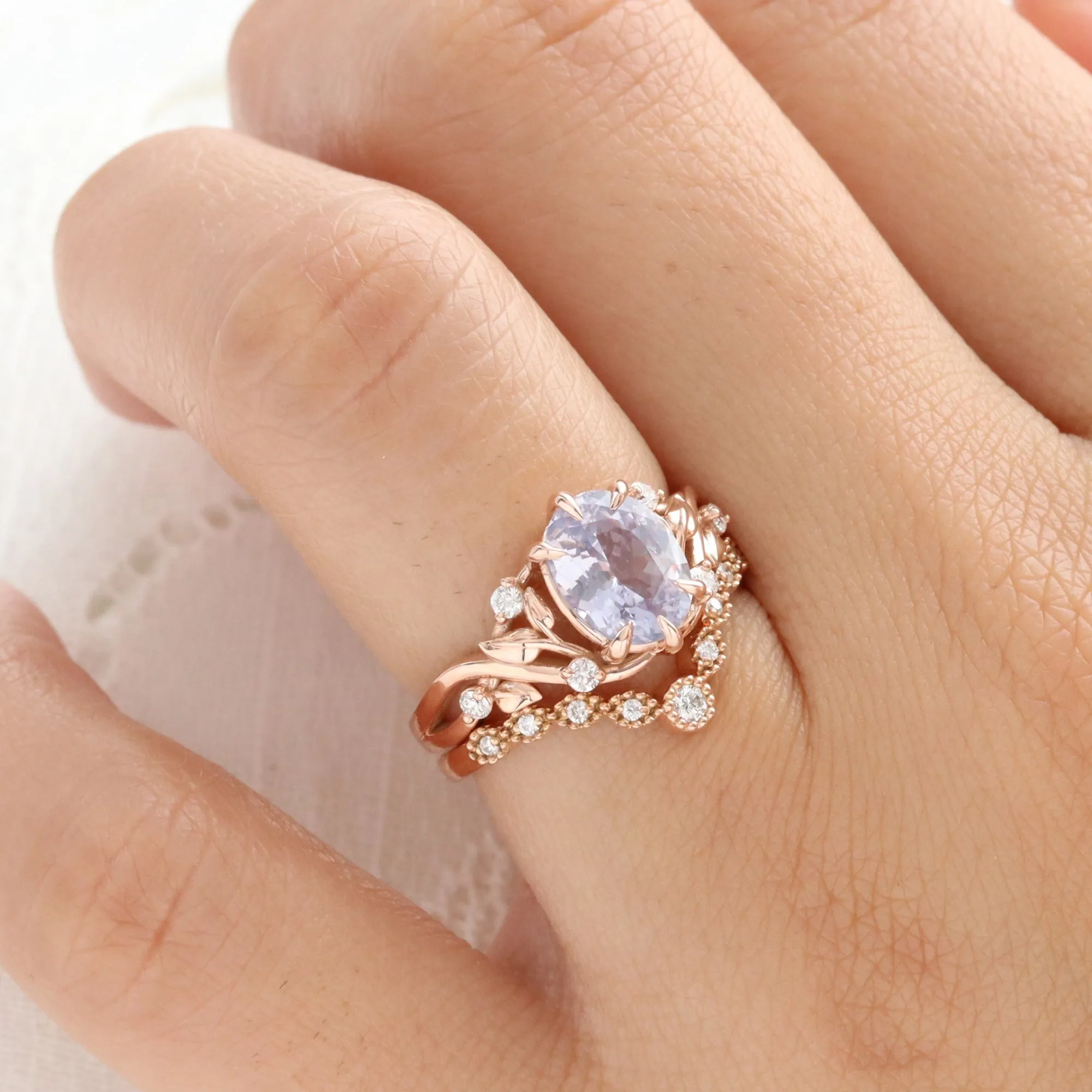 2.26 Ct Oval Lavender Sapphire Ring in 14k Rose Gold Floral Leaf Diamond Size 6.5