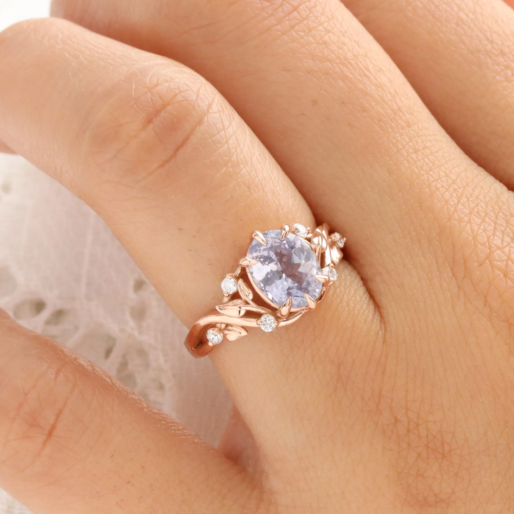 2.26 Ct Oval Lavender Sapphire Ring in 14k Rose Gold Floral Leaf Diamond Size 6.5