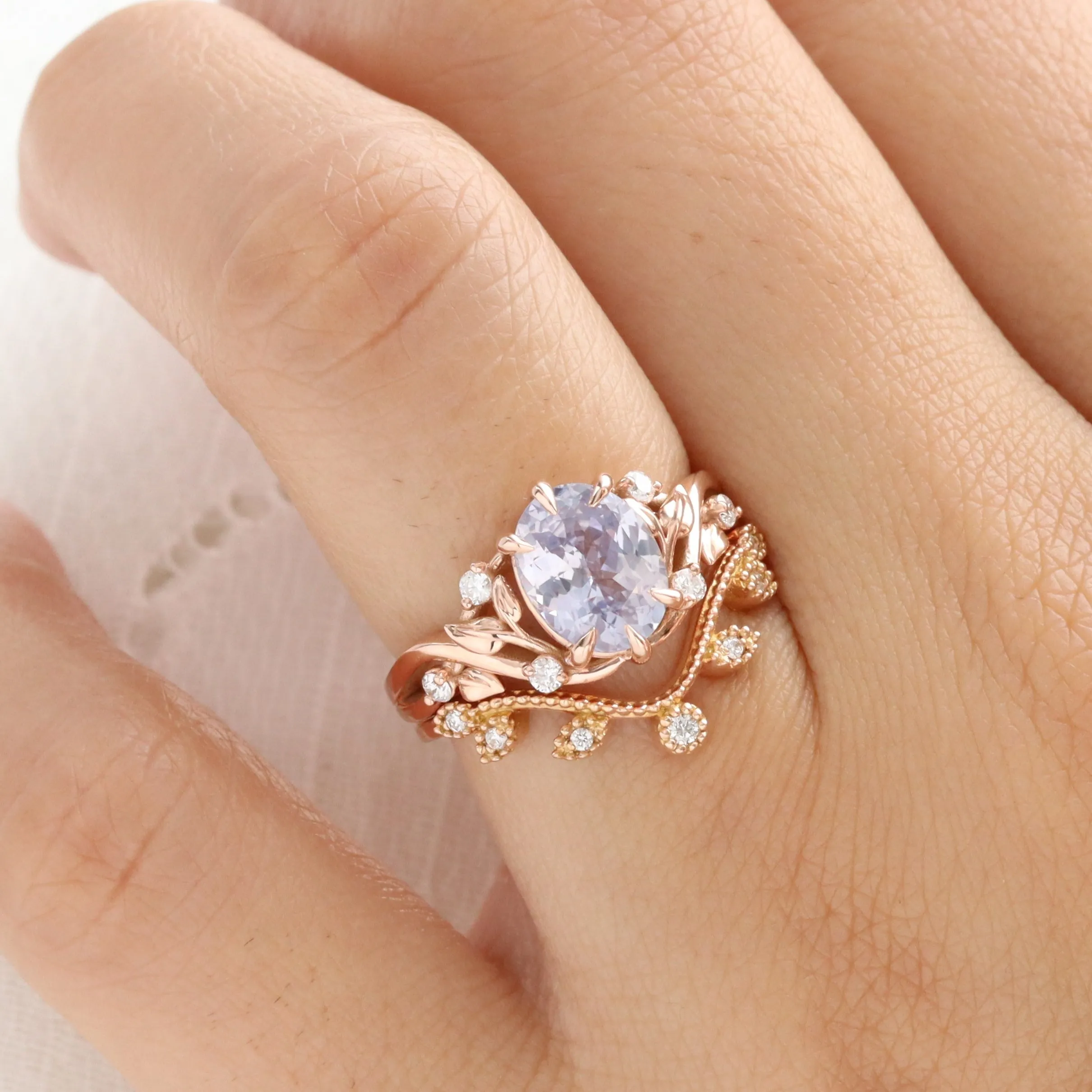 2.26 Ct Oval Lavender Sapphire Ring in 14k Rose Gold Floral Leaf Diamond Size 6.5