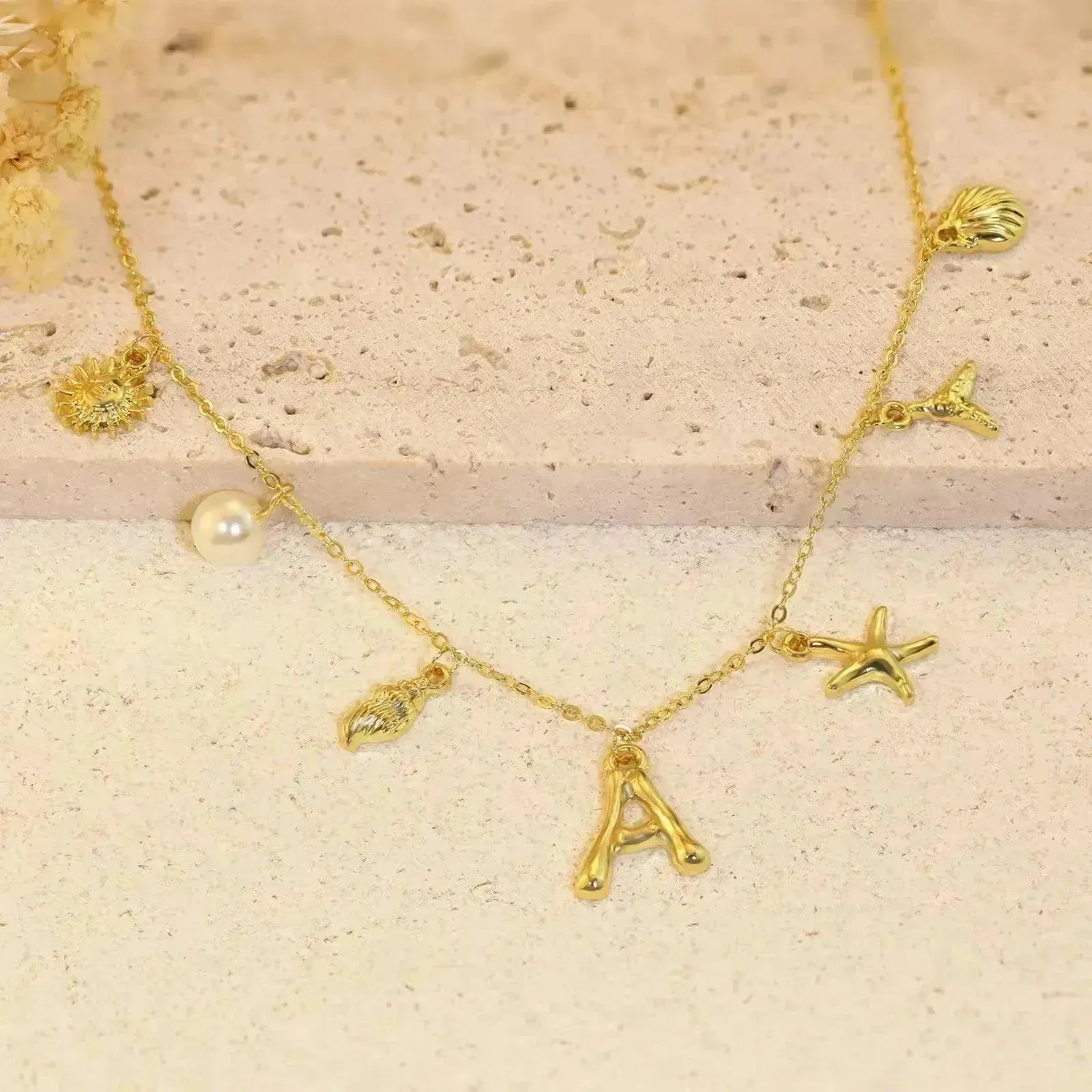 26 Bamboo Letter Necklace Starfish Shell Necklace for Women