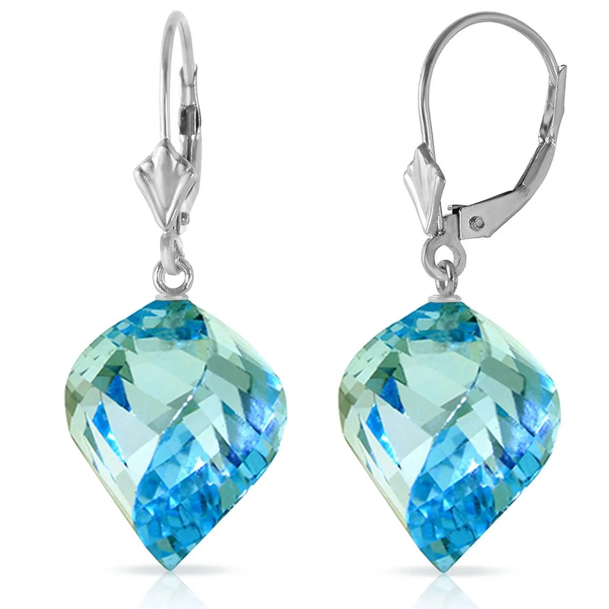 27.85 Carat 14K Solid White Gold Leverback Earrings Twisted Briolette Blue Topaz