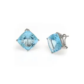 28 Carat Blue Topaz Earrings Set In 14K White Gold Omega Backs